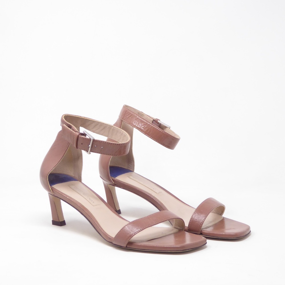 Stuart Weitzman 45S Square Nudist Sandals Brown Patent Leather Kitten Heel 6
